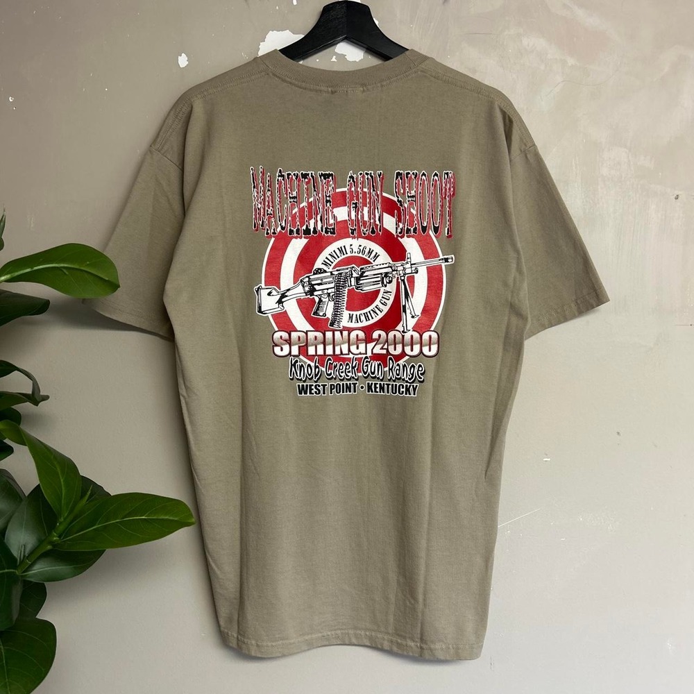 Jerzees Mens Vintage 2000s Machine Gun Shoot Grunge Tan Graphic T-Shirt Large